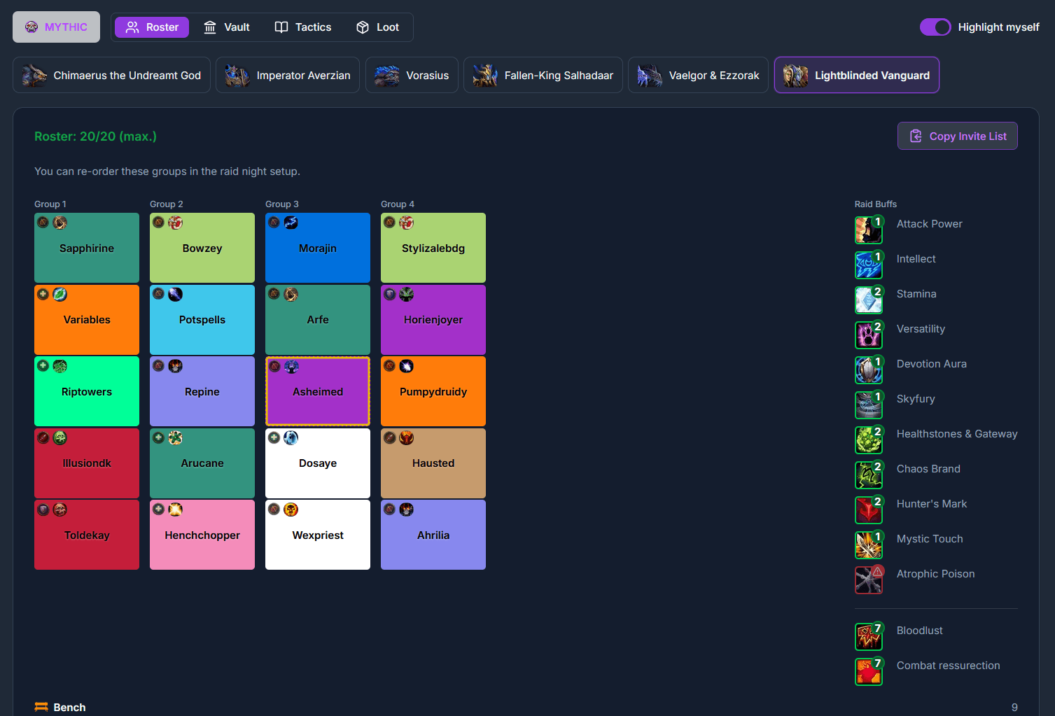 Raid Night View page showing roster, vaults, tactics and loot priority in one place