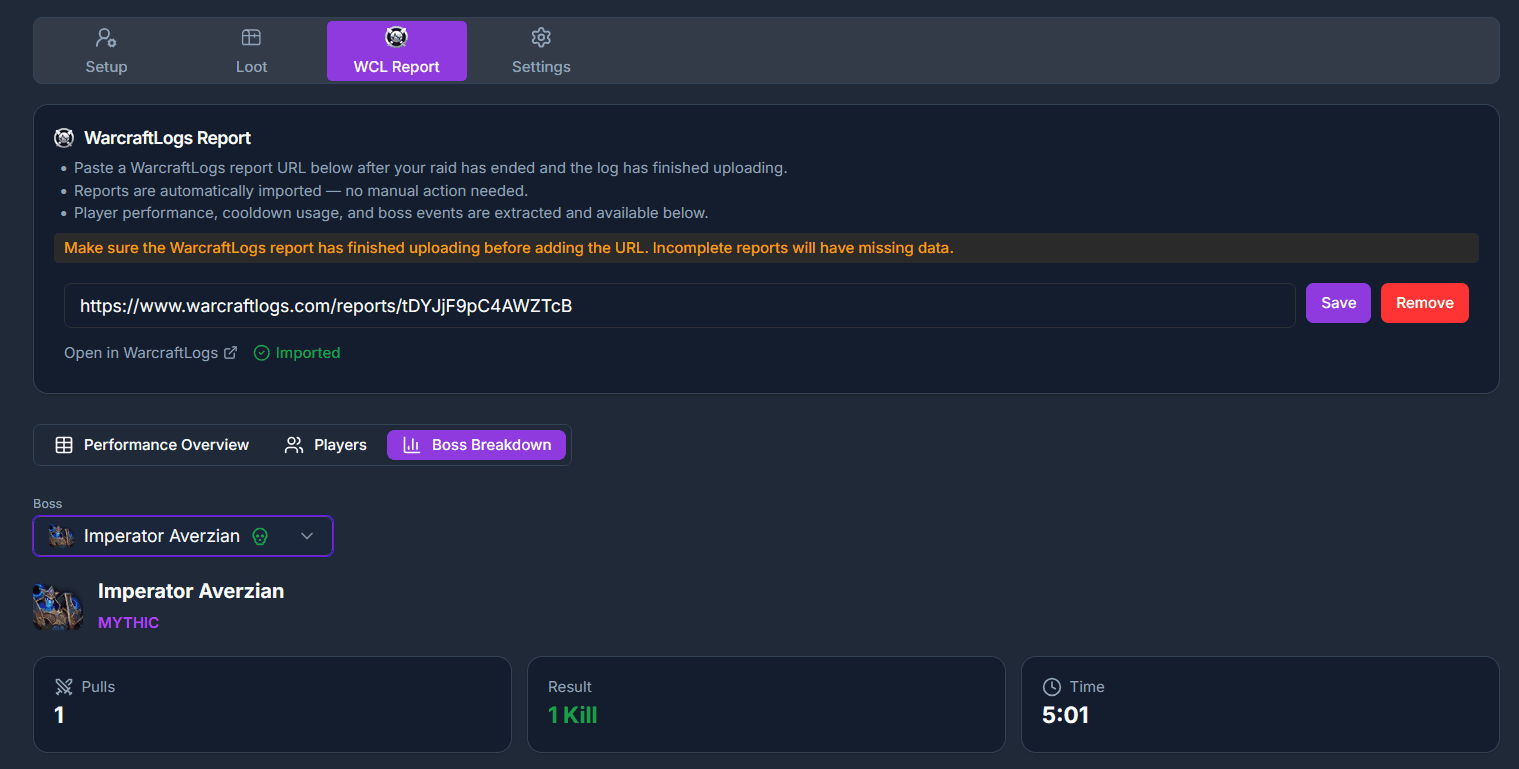 Raid Night page showing the WCL Review tab with the linked WarcraftLogs report