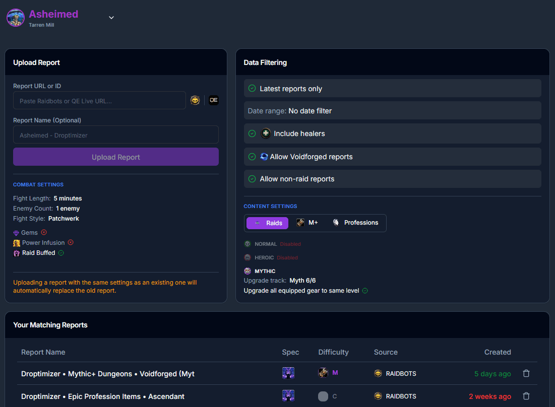 Droptimizer direct loot sheet link upload
