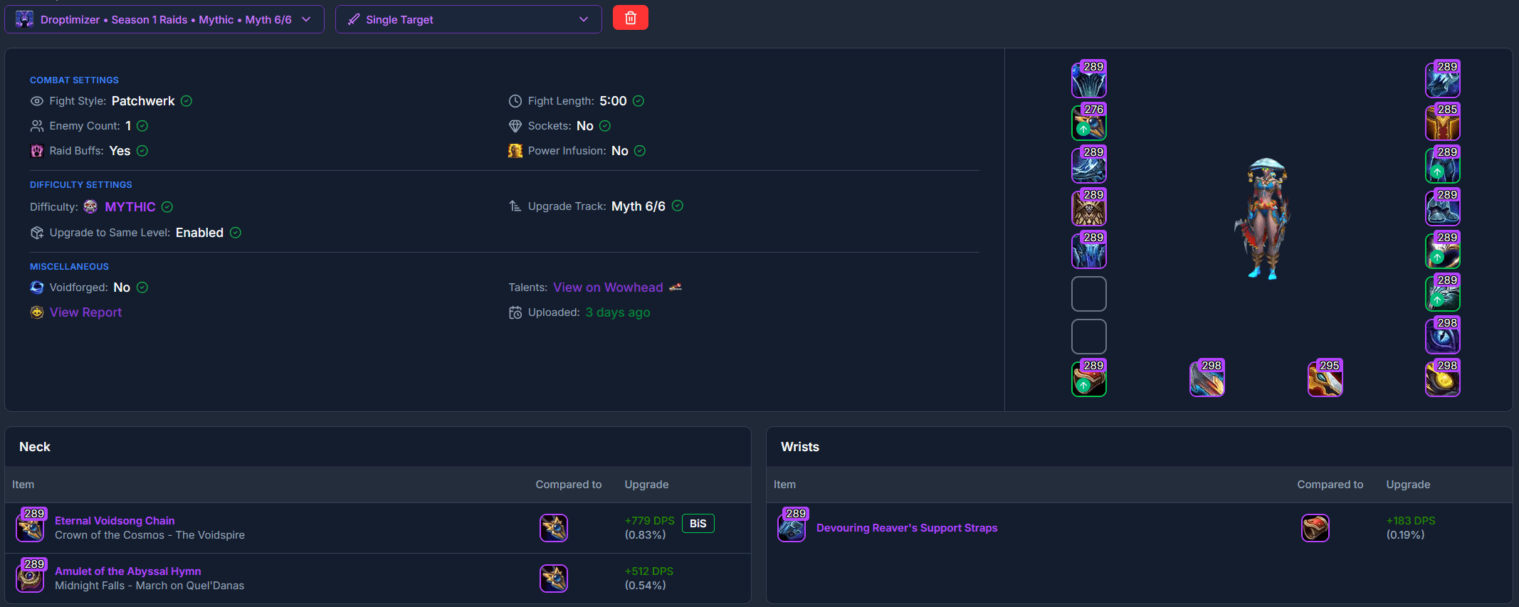 Selected droptimizer report with sim settings, equipped gear, and ranked item gains