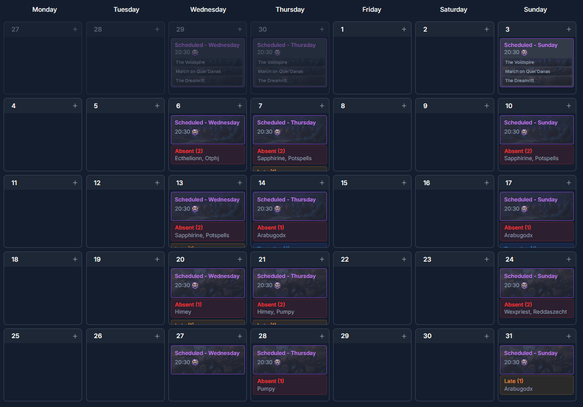 Raid nights calendar view
